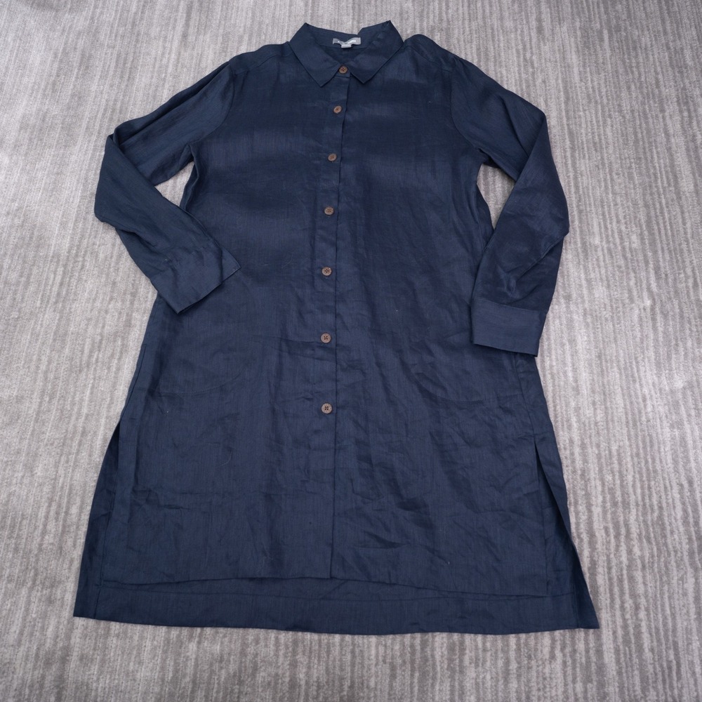 Go Silk Shirt Dress Women L Navy Blue New No Tag 100% Linen Longline Duster